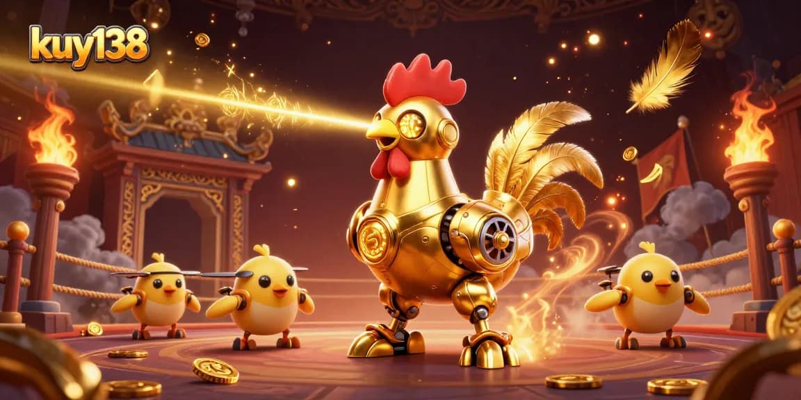 Menggali kesenangan di kuy138 dengan robot ayam emas, koin dan elemen kasino yang gemerlapan.
