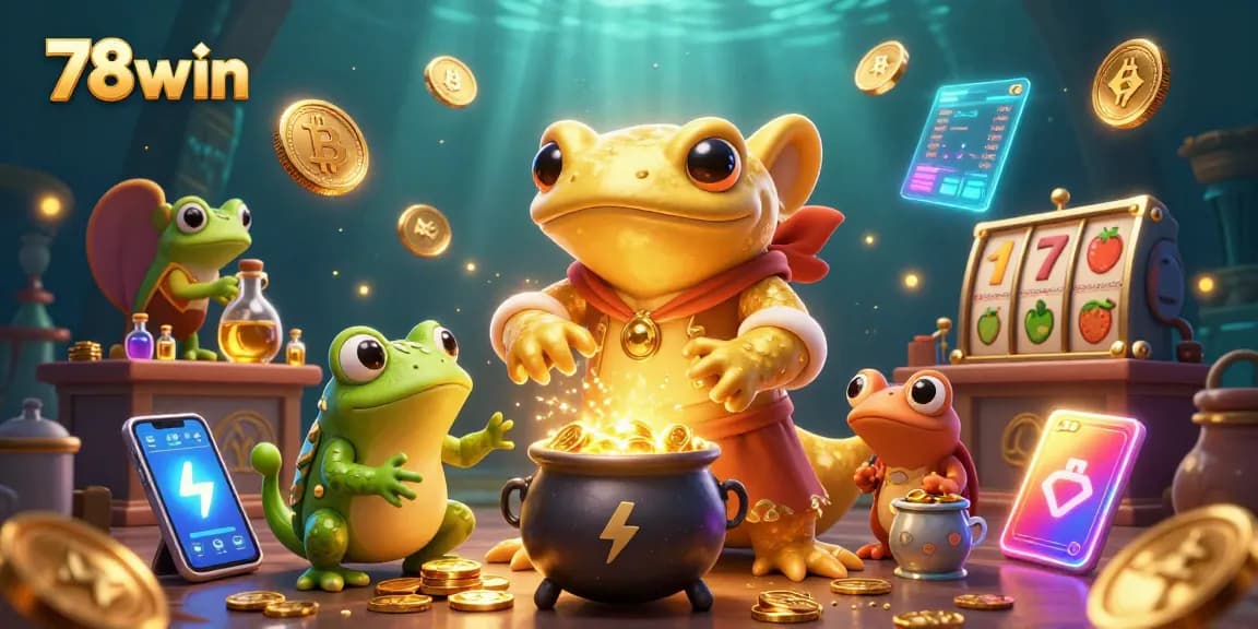 Transform base metals into gold coins at 78win's dynamic casino, featuring frog and newt assistants.