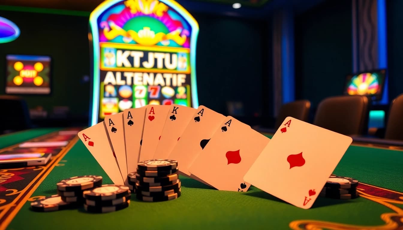 Engage in thrilling games at KTPJITU alternatif with vibrant slots and poker chips.