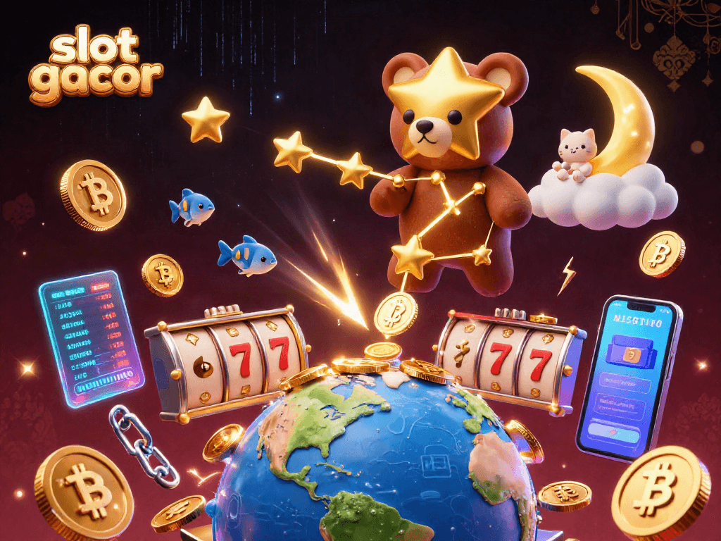 Menangkan permainan slot gacor dengan ilustrasi penuh detail yang menampilkan karakter lucu dan elemen kasino.