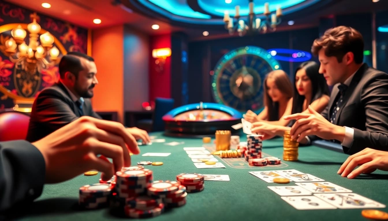 Excited players enjoying an idn slot game at a high-stakes casino table with chips and cards.