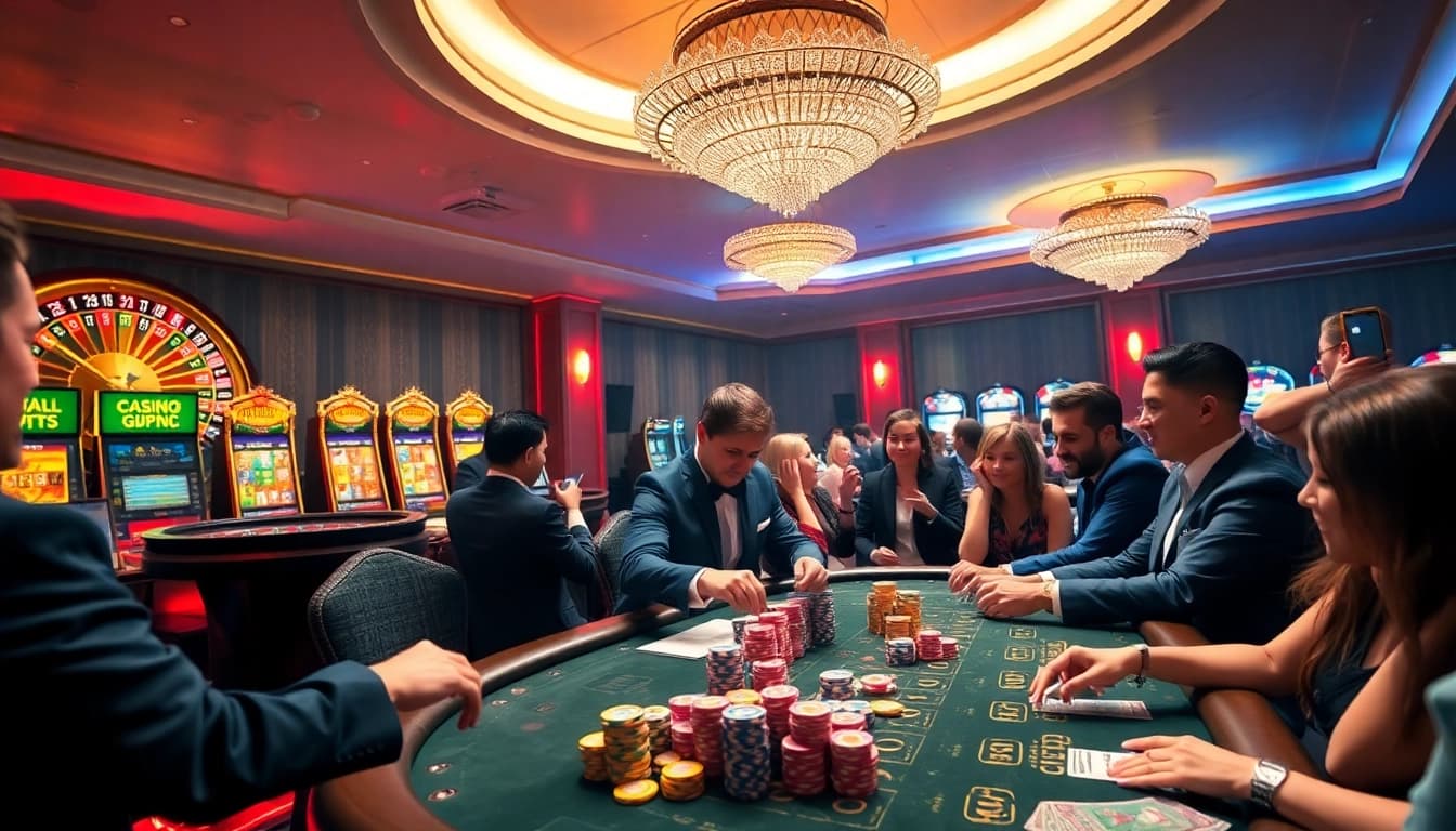 Experience thrilling gameplay with depo 25 + bonus 29 at a vibrant casino, featuring poker tables and slot machines.
