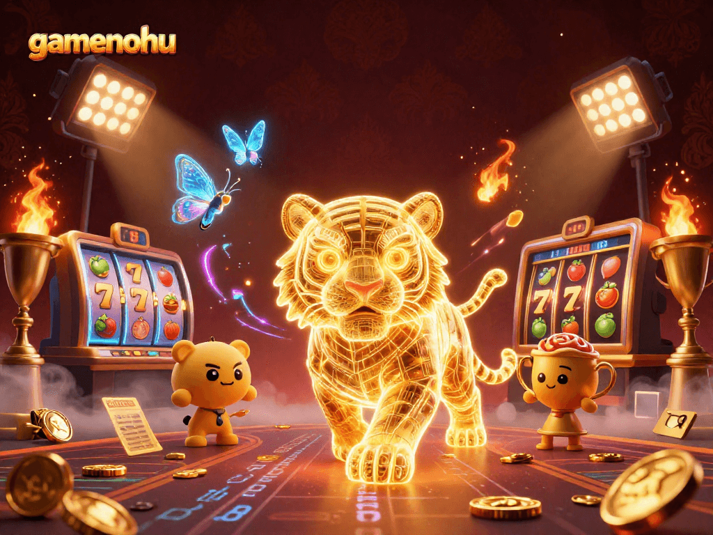Experience the thrill of gamenohu with a lively 3D casino scene featuring dynamic slot elements and a glowing tiger.