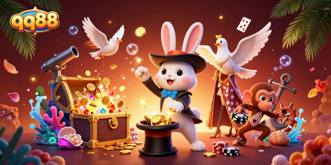 Admire the enchanting qq88 casino scene where a magician rabbit conjures coins amidst vibrant treasures.