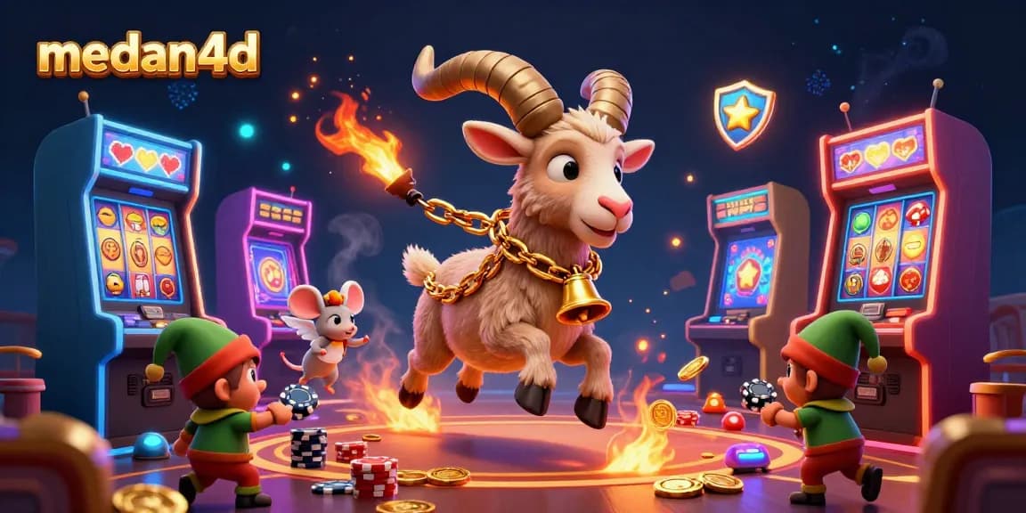 Slot mesin medana4d yang menarik dengan pemandangan kartun hiasan kasino, slot dan chip mencuri.