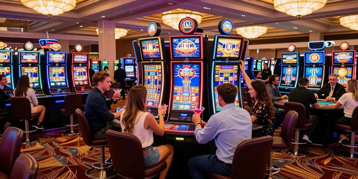 Diverse group enjoying situs slot machines in a vibrant casino atmosphere, reflecting the excitement of gaming.