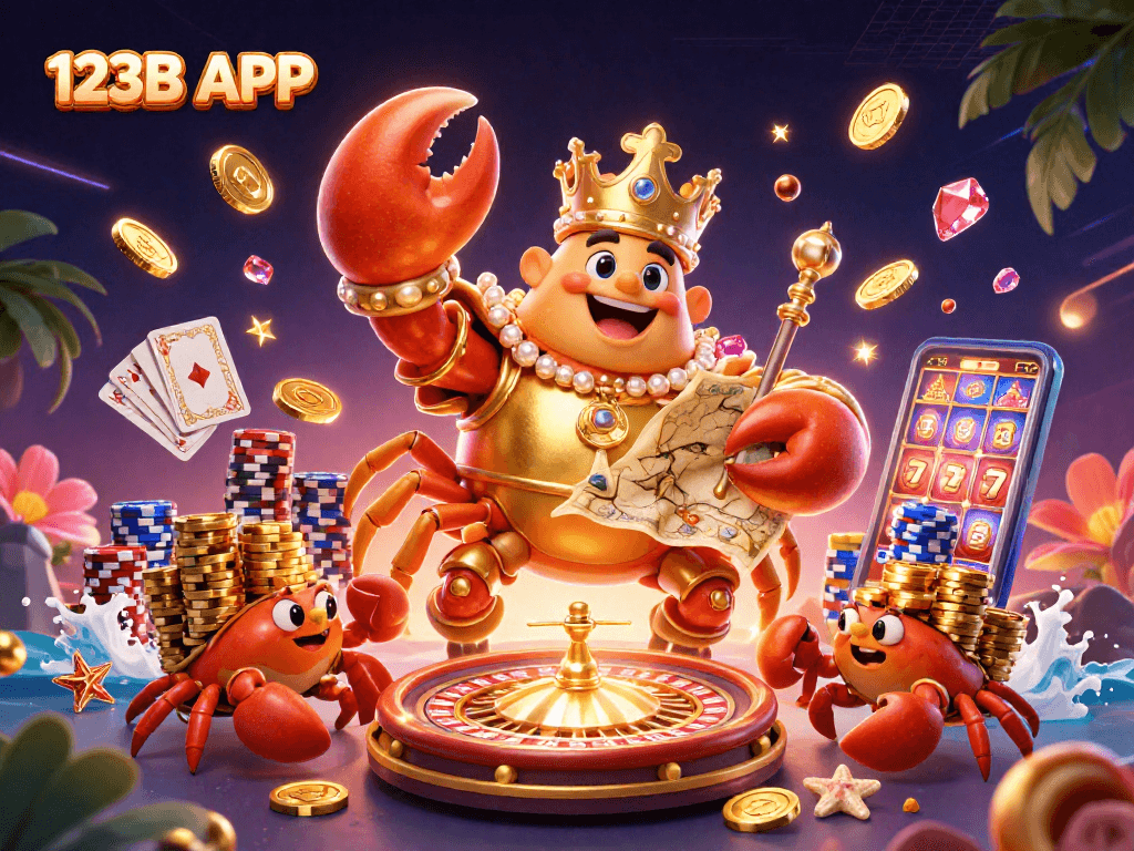 Win big with 123B APP featuring an emperor crab and golden treasure in a dynamic casino setting.