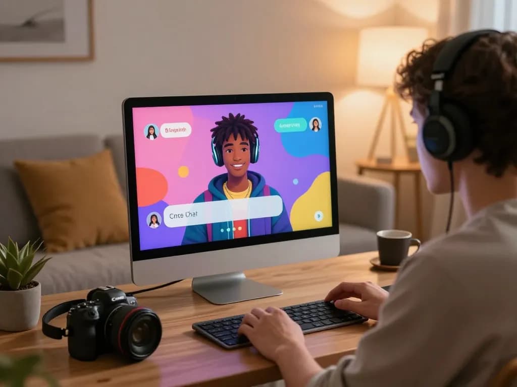 Engaging AI 18+ chat experience with vibrant character and cozy setting.