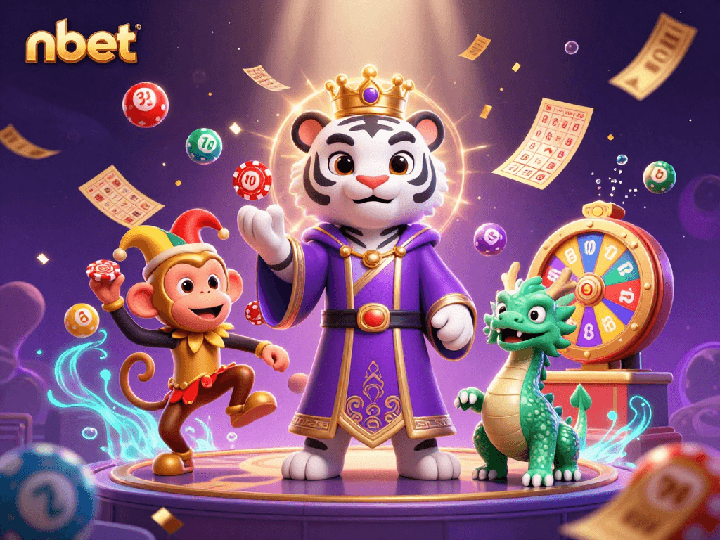 Experience the excitement of nbet as a white tiger, golden monkey, and jade dragon engage in vibrant lottery gameplay.