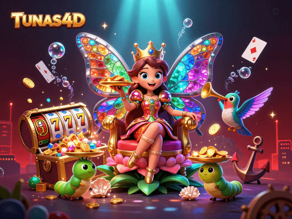 TUNAS4D invites players with a vibrant scene featuring a cartoon butterfly queen, golden chips, and lively gaming elements.