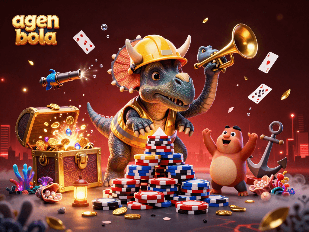 Permainan agen bola dengan triceratops dan parasaurolophus merayakan kemenangan sambil membangun tumpukan chip poker.