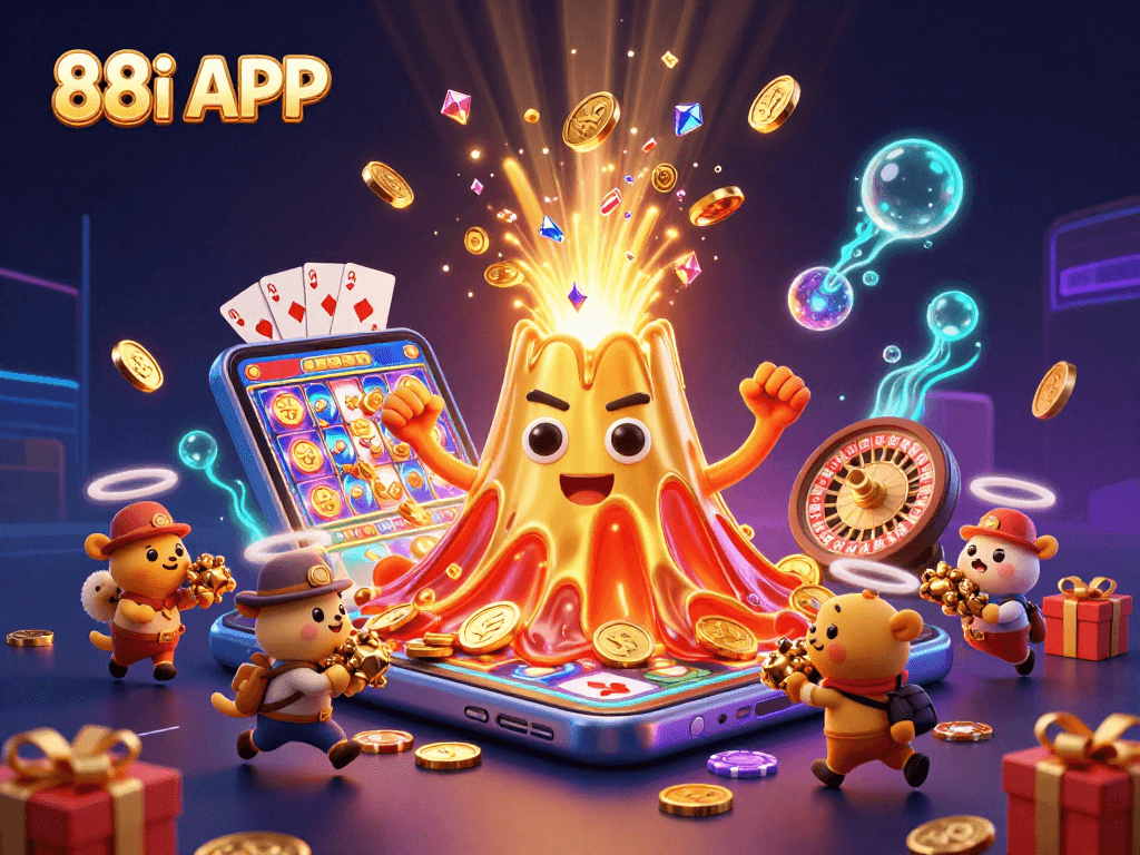 Experience excitement with 88i APP, featuring a lively 3D scene of treasure and gaming action.