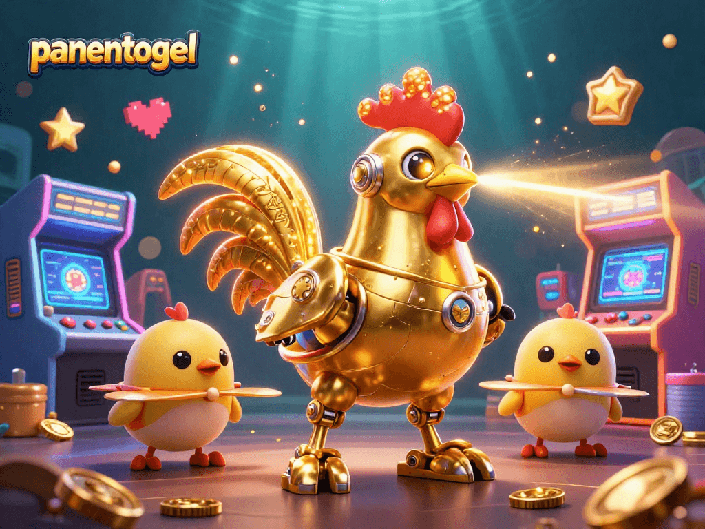 Engage with panentogel's vibrant 3D promotional art showcasing golden rooster robots and gaming elements.