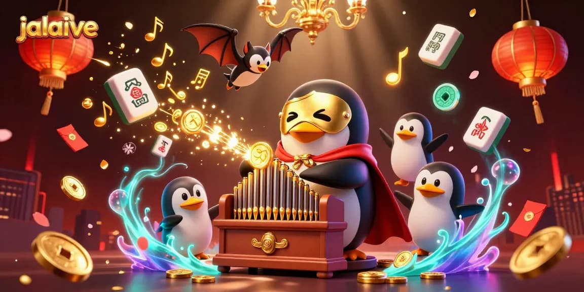 Experience jalalive with a 3D illustration featuring a penguin playing a golden pipe organ amidst festive gambling elements.