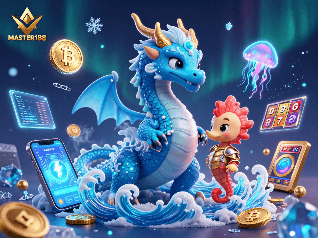 Engage with MASTER188's vibrant casino world featuring a dragon, seahorse knight, and glowing jellyfish.