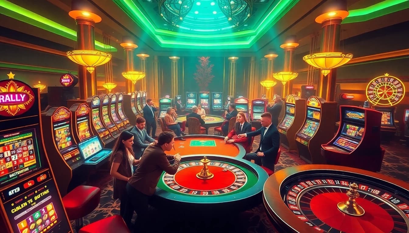 Mengajak pemain di kasino mewah dengan mesin slot Datukwin Alternatif dan meja poker.