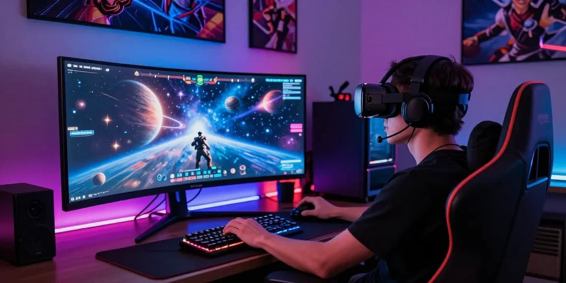 Pengalaman gaming ligagalaxy dengan pemain menggunakan headset VR dan peralatan canggih di ruangan yang bercahaya.