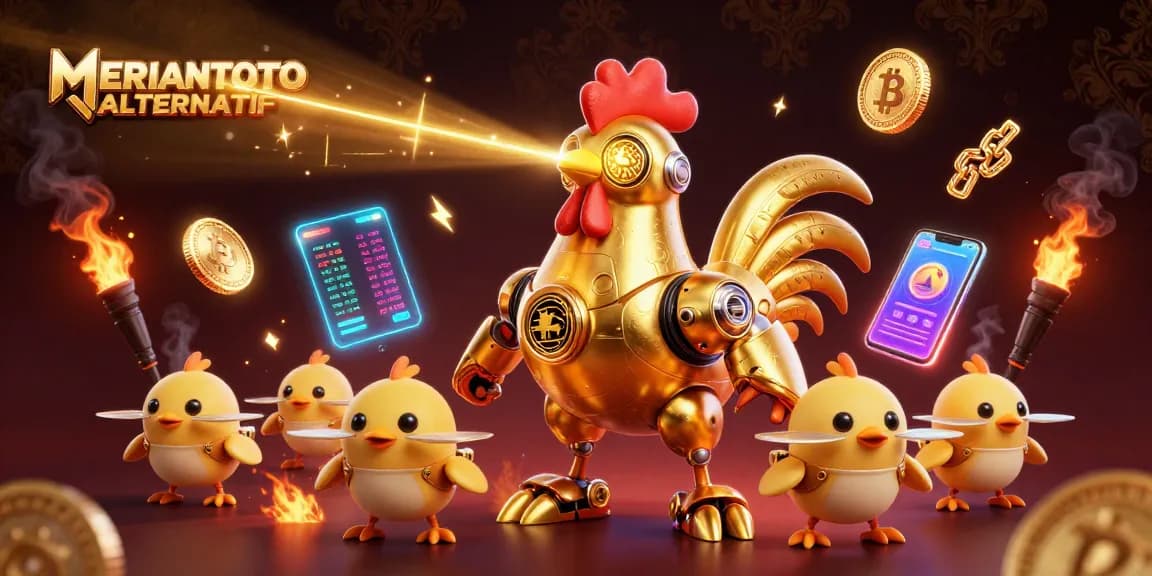 MERIAHTOTO ALTERNATIF menampilkan robot ayam emas futuristik dalam suasana kasino dengan koin Bitcoin dan Ethereum.