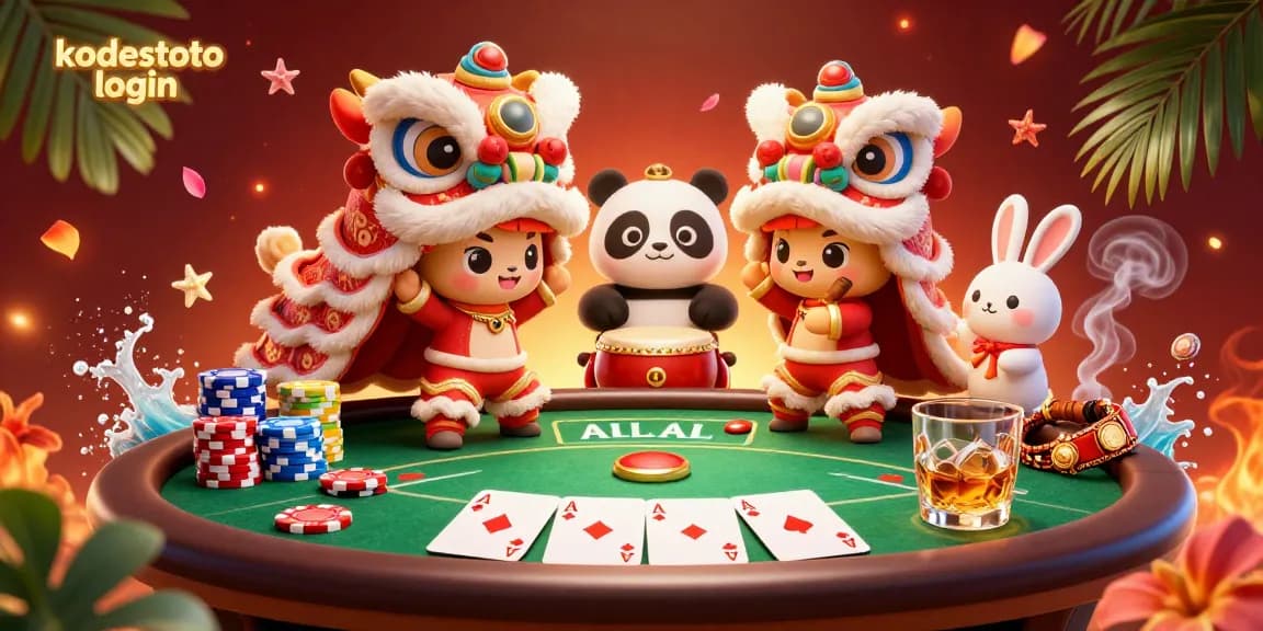 Engage with kodestoto login at a lively casino scene featuring cute characters, poker elements, and vibrant colors.