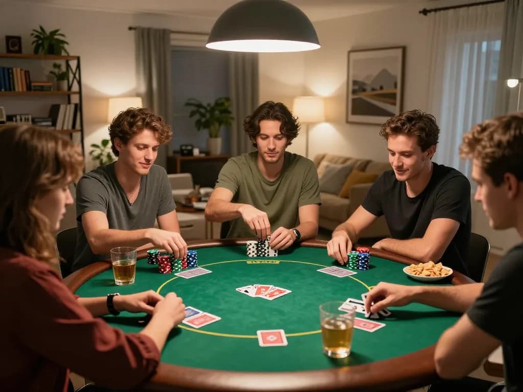 Kuwin social gaming scene with friends enjoying an exciting poker night at home, showcasing competitive gameplay.