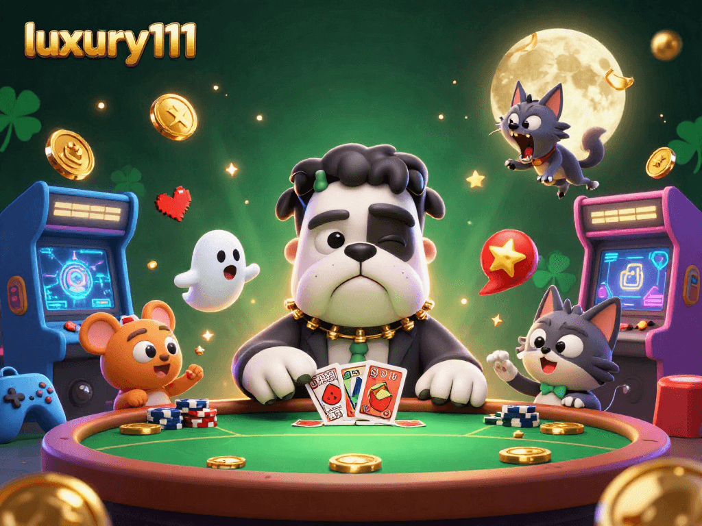 luxury111 showcases a vibrant 3D poker scene with a quirky Frankenstein bulldog dealer, elevating casino fun.
