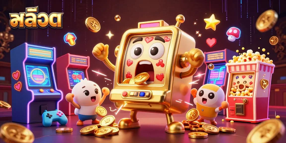 Spin the golden สล็อต machine as it hits the jackpot, surrounded by cheering baby slots and game elements.