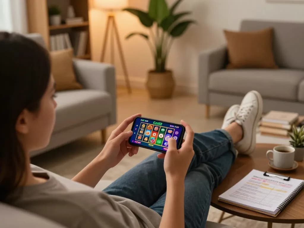 TẢI GO88 mobile casino app seen on a smartphone, cozy living space with casual gaming atmosphere.