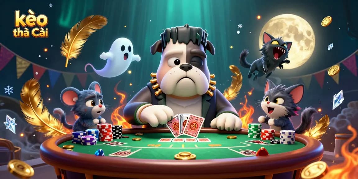 Kèo nhà cái showcases a lively poker scene with Frankenstein bulldog and ghostly elements, enhancing betting excitement.