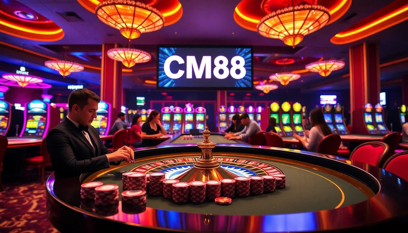 Experience the thrill of CM88 at a lively casino with poker chips and roulette tables.