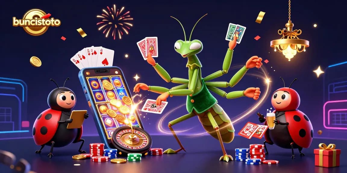 Buncistoto menghadirkan suasana kasino digital dengan mantis kartu raksasa dan ladybug pit boss dalam ilustrasi 3D yang ceria.