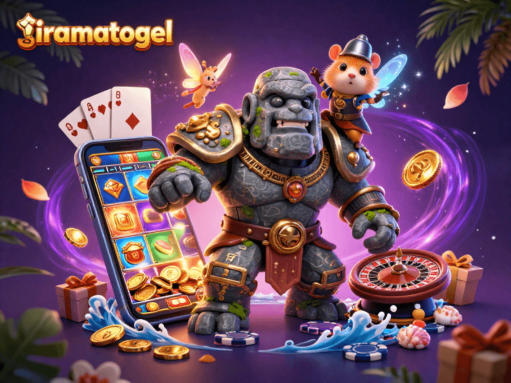 Meningkatkan peluang menang di iramatogel dengan golem batu berhiaskan rune dan peri yang memancarkan sihir.