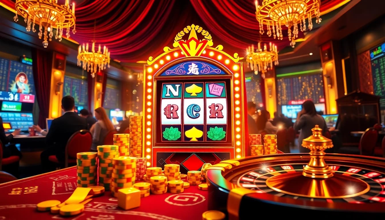 Nổ hũ slot machine in a luxurious casino setting, featuring gamblers and vibrant gaming elements.