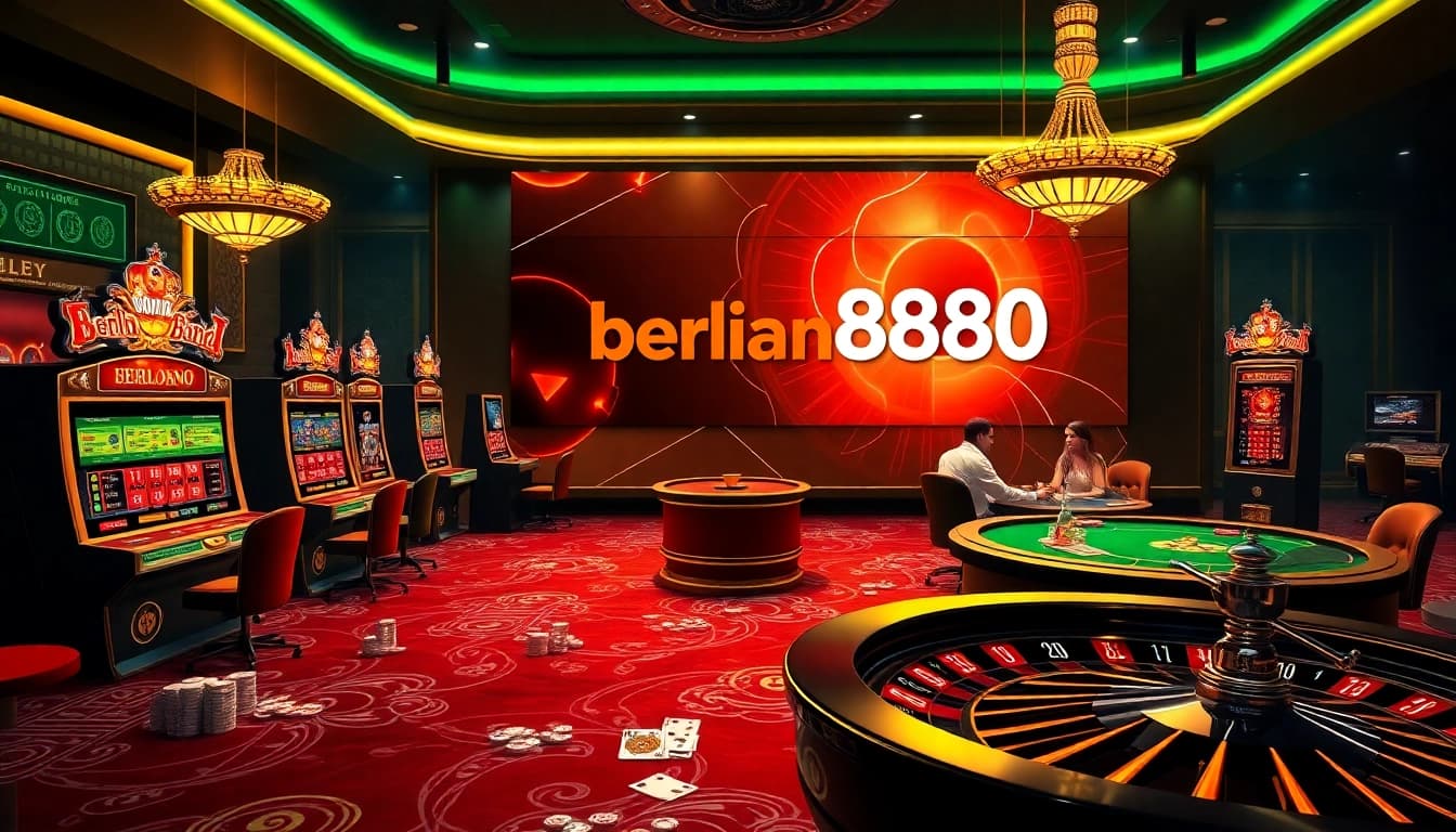 Experience the thrill of berlian888 login with engaging casino visuals, including vibrant slot machines and poker games.