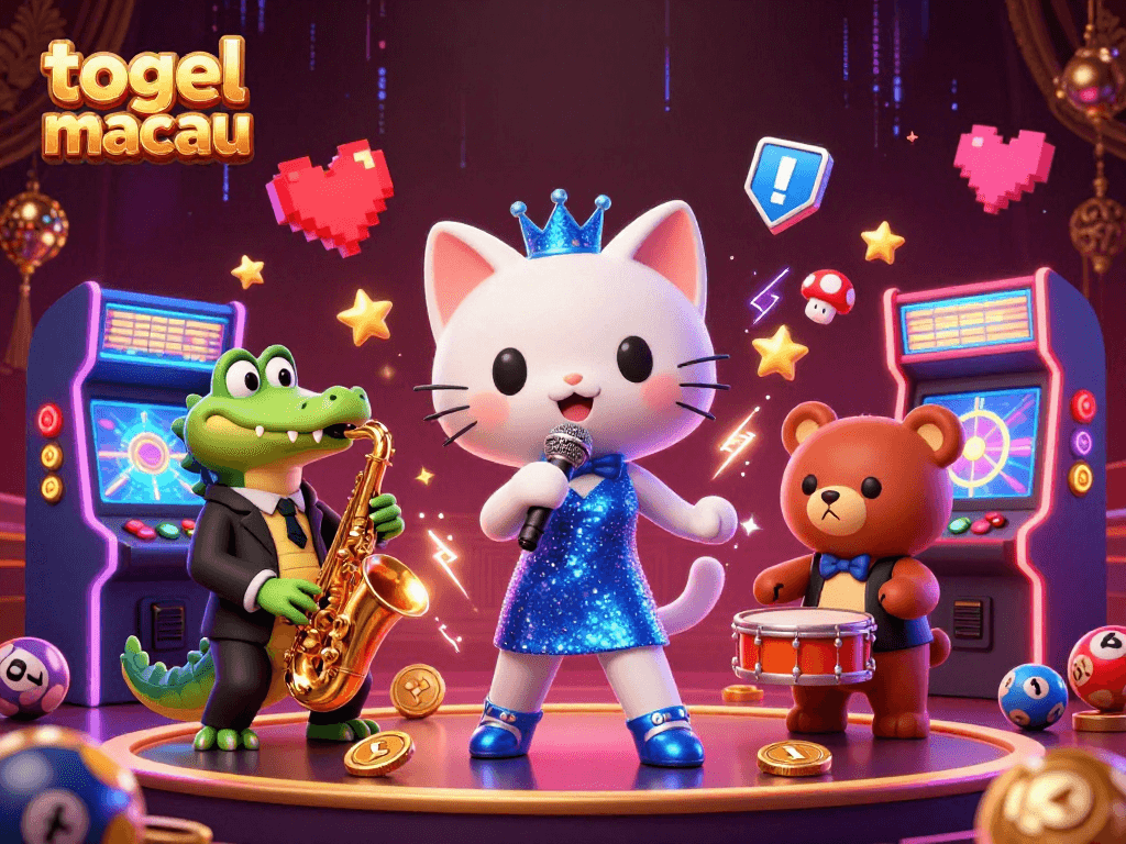 Experience the thrilling world of togel macau with vibrant neon characters and arcade game elements.