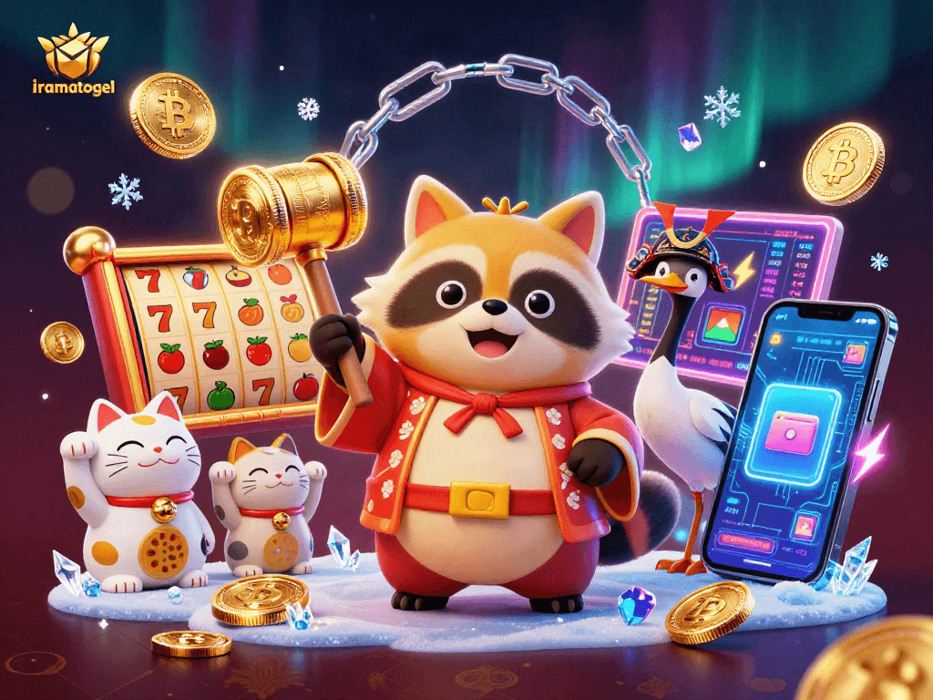 Visualisasi iramatogel dengan tanuki ceria, simbol slot, dan koin kripto di latar belakang.