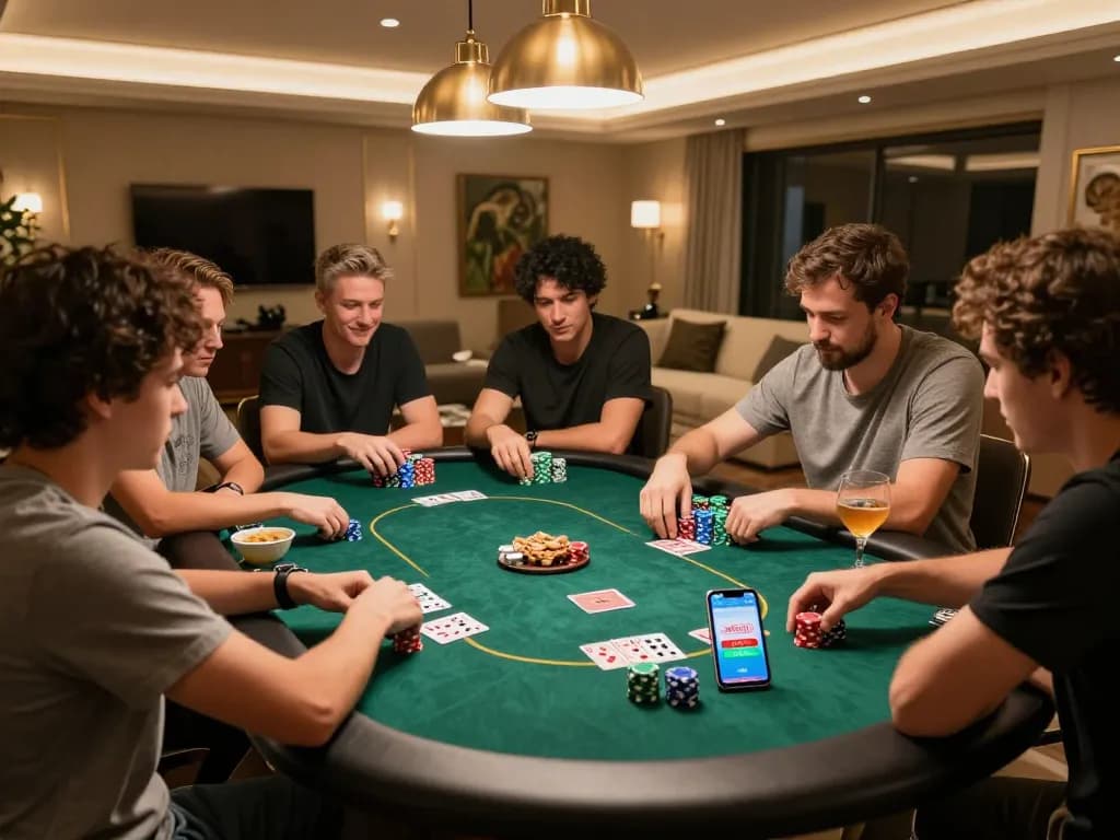Participants enjoying an engaging poker game at home with alfa138 betting app displayed, creating a lively atmosphere.