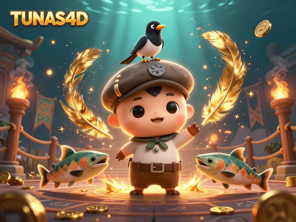 TUNAS4D reveals dynamic gameplay with playful baby Nessie and gold-obsessed magpie surrounded by colorful gambling elements.