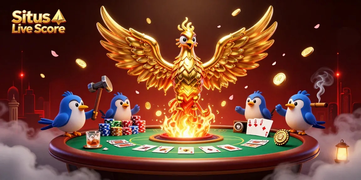 Situs Live Score showcasing a dynamic sports betting scene with a molten phoenix and poker elements.
