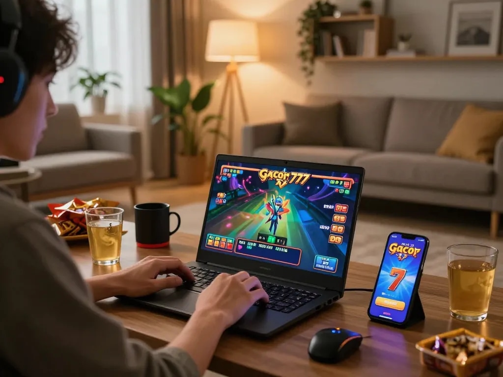 Playing slot gacor 777 on a laptop in a cozy home setting with snacks and warm lighting.
