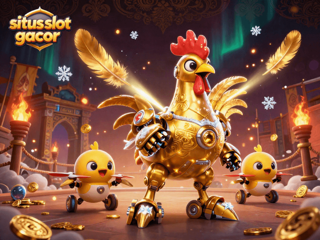 situs slot gacor menampilkan ilustrasi 3D robot ayam emas menembakkan sinar laser dikelilingi oleh rekan-rekannya