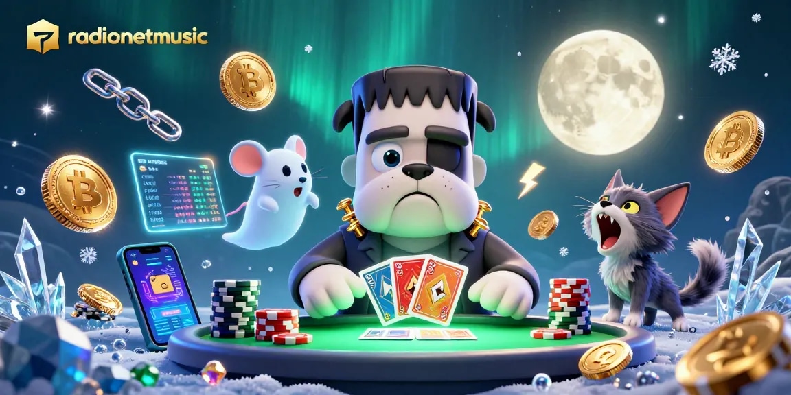 radionetmusic bermain kartu dengan bulldog Frankenstein dan kucing werewolf, dikelilingi koin kripto dan cahaya neon