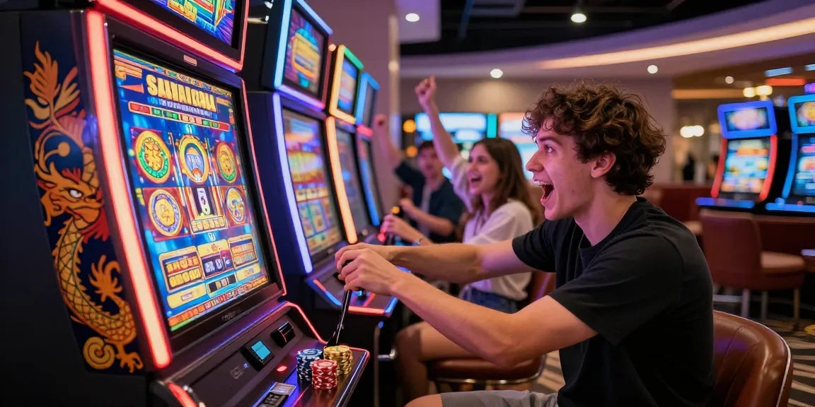 Excited player at slot machine enjoying the thrill of a jackpot win in vibrant casino setting.