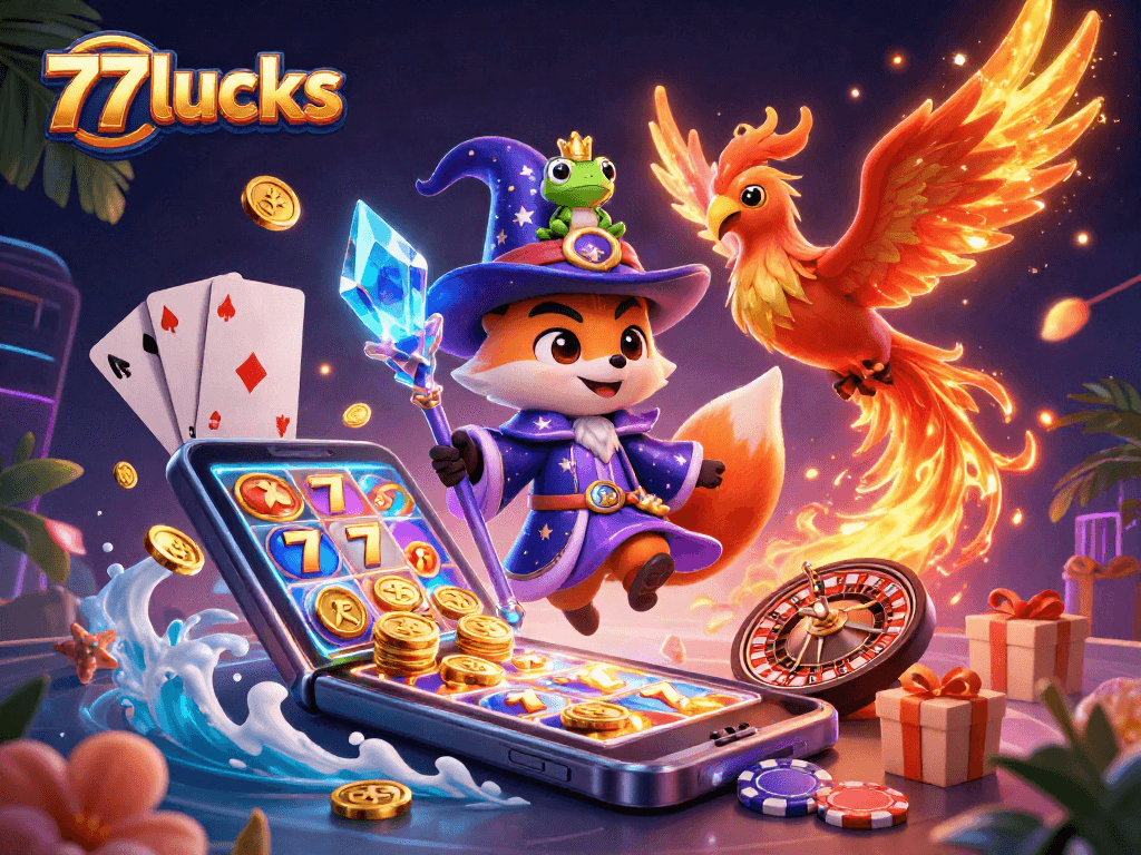 Permainan slot menarik di 77lucks dengan penyihir kartun 3D dan mitra phoenix yang menyala.