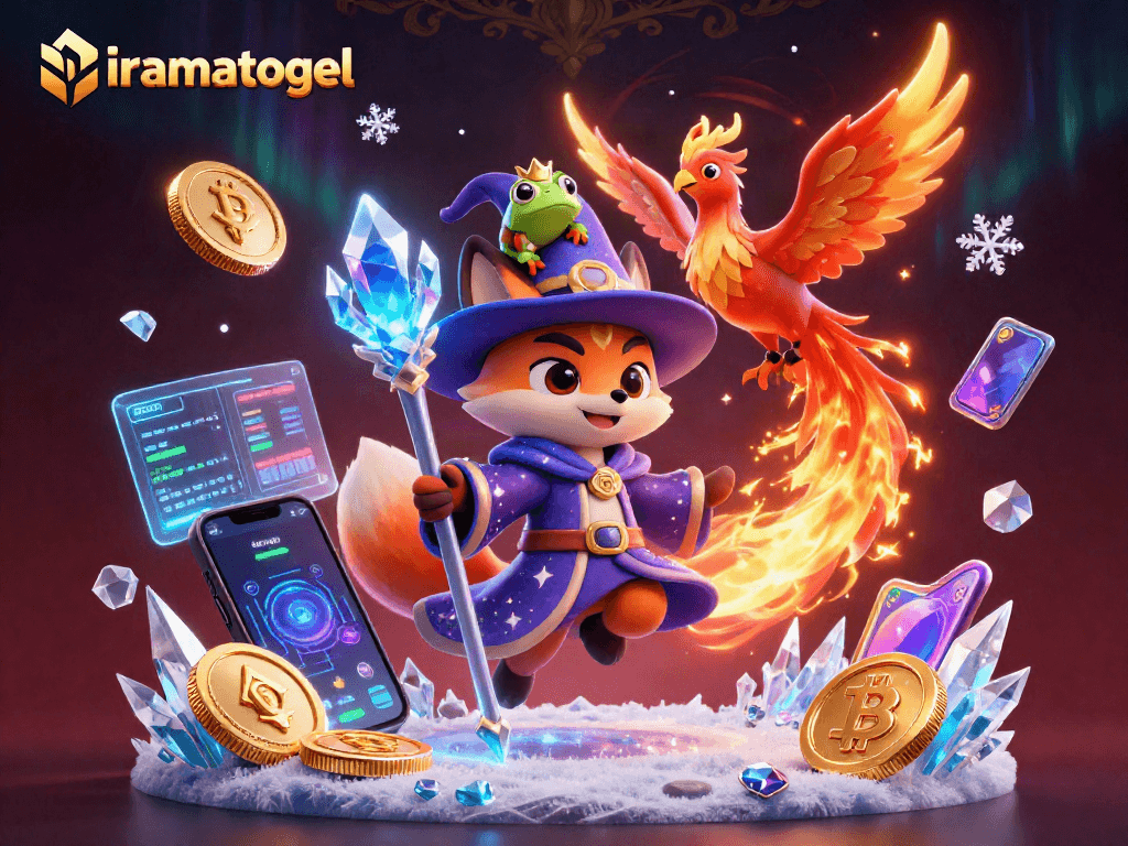 Menghadirkan iramatogel dalam ilustrasi kasino digital 3D yang magis dengan elemen kripto dan efek cahaya berkilau.