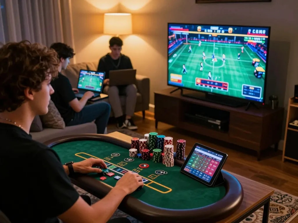 Players enjoying live dealer blackjack and sports betting online at TR88, showcasing a vibrant home gaming setup