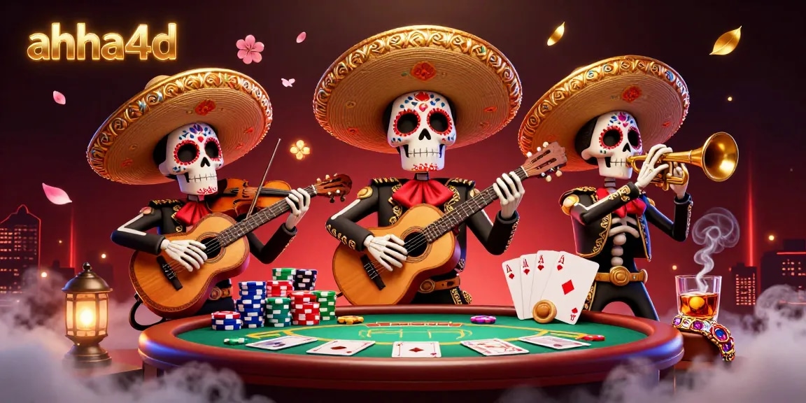Permainan kasino yang menarik menunjukkan ahha4d dengan band mariachi tengkorak, poker, dan chips berwarna-warni.