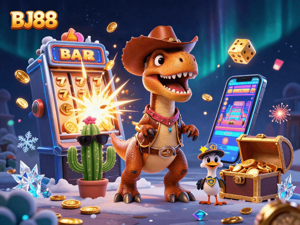 Experience exciting winnings with BJ88's vibrant slot machine and animated casino elements.
