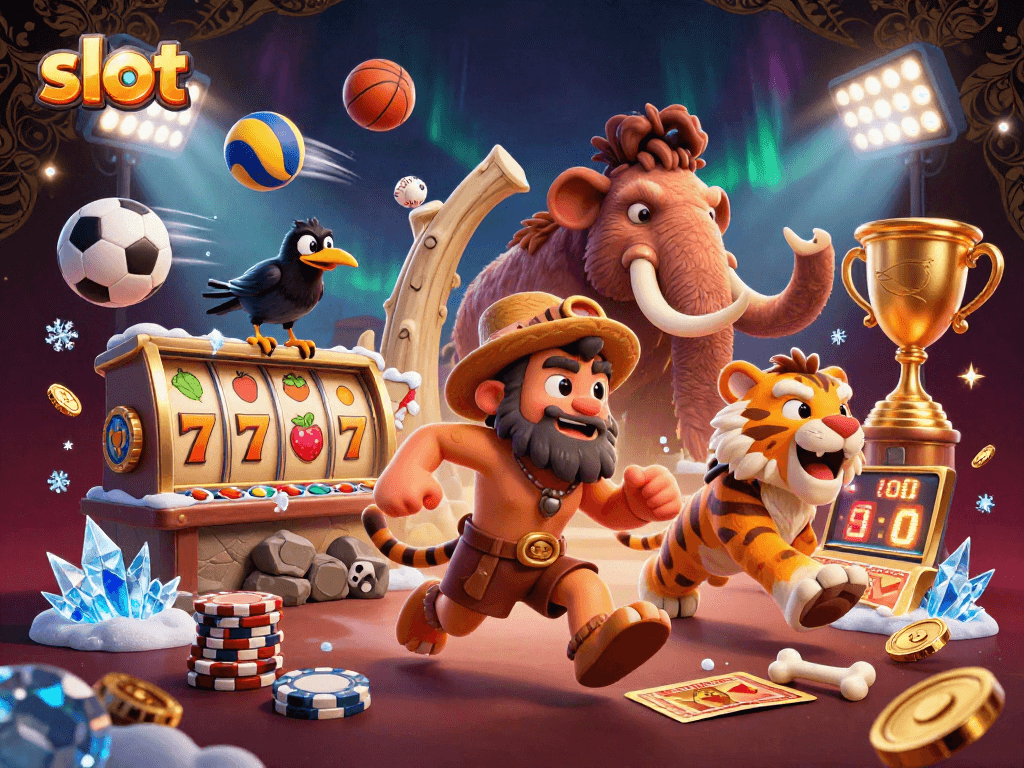 Engage with exciting slot action featuring a cartoon caveman and sabertooth tiger in a prehistoric casino.