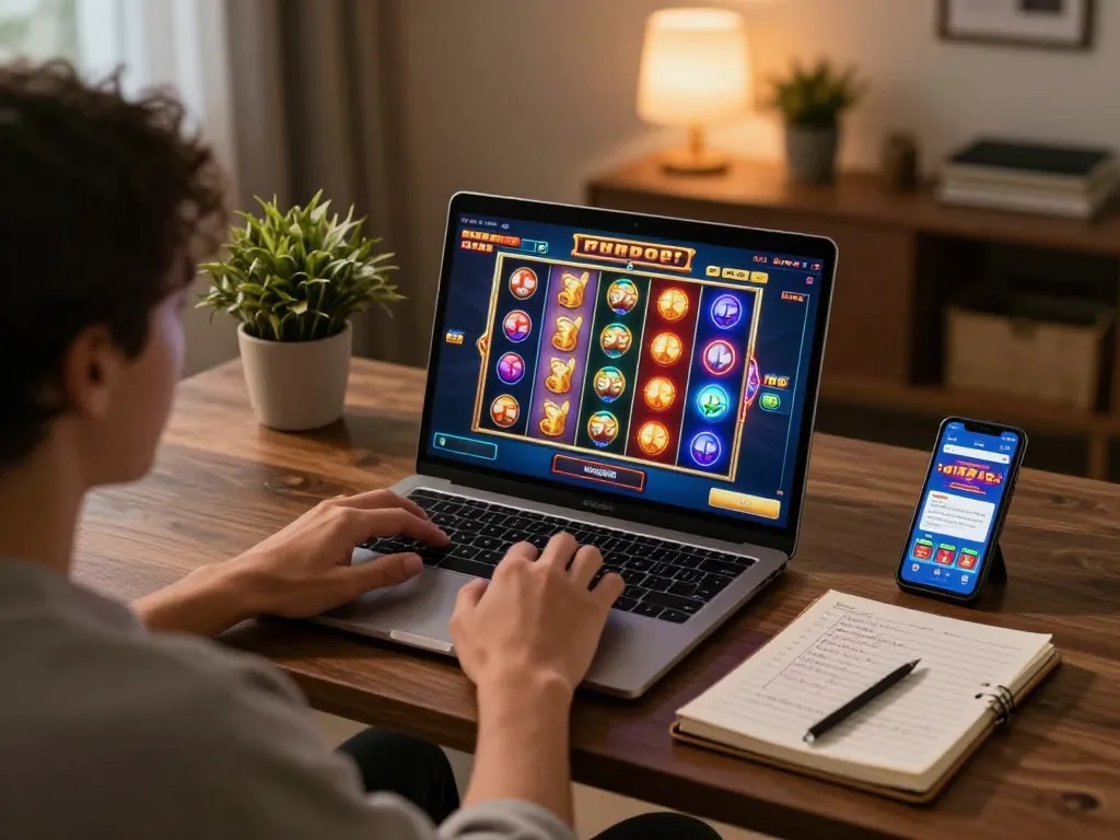 Engaging in a thrilling demo slot game experience on a laptop, showcasing vibrant visual excitement.