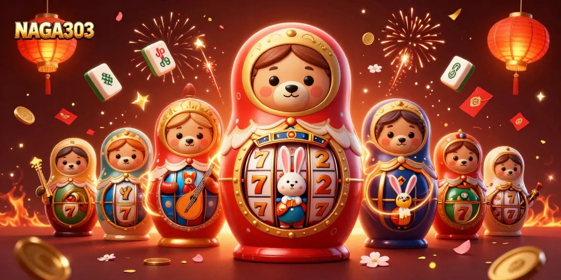 NAGA303 offers vibrant casino action with a Matryoshka bear and festive elements in an exciting scene.